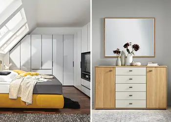 Kommoden, Bettkästen und aufklappbare Sitzbänke bieten neben dem Kleiderschrank ausreichend Stauraum im Schlafzimmer.