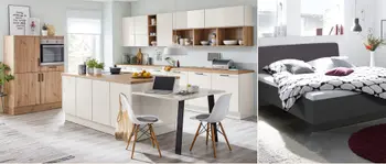 Stylische Inselküche und bequemes Bett