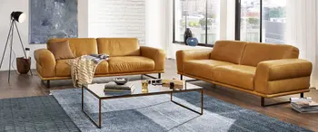 Zwei Ledersofas mit Glas-Beistelltisch in einem hellen großen Raum