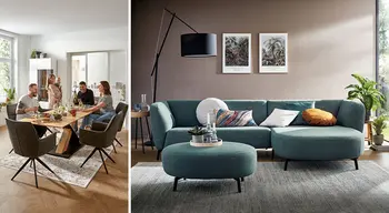 Personen an Esstisch und Wohnzimmer mit türkisfarbener Couch