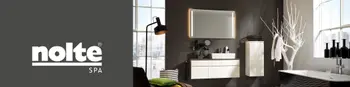 Links Nolte SPA Logo auf grauen Hintergrund. Rechts eine modere Badezimmergarnitur und eine Badewanne.