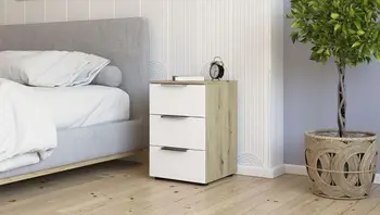 Kleiner Nachttisch mit Holzdekor und weißen Schubladenverblendungen