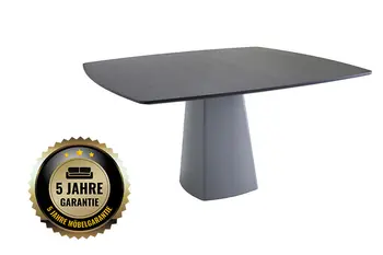 Quadratischer Esstisch mit schwarzer Tischplatte und schwarzem Fuß und Garantiehinweis.