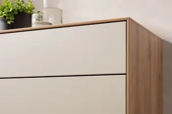 Detailaufnahme einer weißen Tür einer Kommode in Lackoptik mit Holzrahmen.
