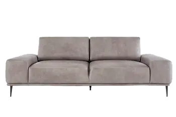 Graues zweisitzer Sofa mit lederbezug und filigranen Beinen.