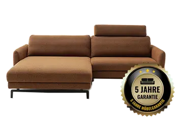Ecksofa mit Longchair in der Farbe Rost mit Badge: 5 Jahre Garantie