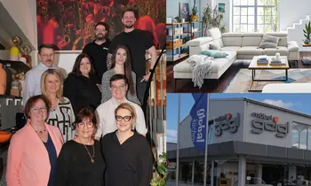 Collage von der Fassade des Möbelhauses, Hellgraues Sofa in Wohnzimmer, Küchenzeile und Möbel Geigl Team im Treppenhaus.