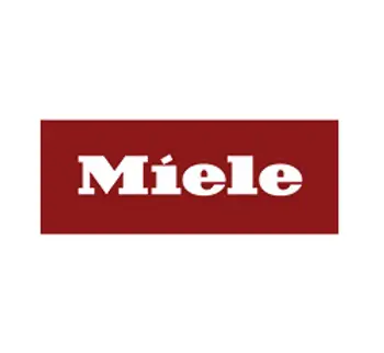Rechteckiges Logo mit rotem Hintergrund und weißem Schriftzug Miele als Markenzeichen für hochwertige Haushaltsgeräte und Küchentechnik