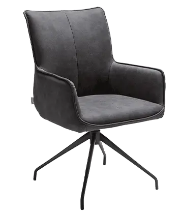 Dunkelgrauer Armlehnstuhl mit schwarzem drehbaren Gestell.