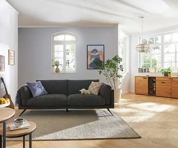 Anthrazitfarbenes Sofa in der Mitte eines Wohnzimmers links davon zwei kleine Beistelltische mit einer Kaffeetasse und rechts ein Sideboard. Rechts groß auf Weiß das Wort FAQ.&nbsp;