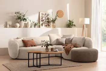 Organisches Ecksofa in weiß aus Bouclestoff mit Hocker in kubischer Form in grau davor ein moderner Wohnzimmertisch mit Metallbeinen und Holztischplatte.