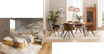 Massivholzbett und Esszimmereinrichtung.