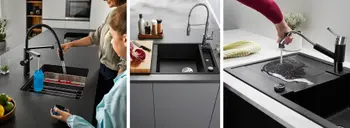 Drei moderne Küchenspülen mit unterschiedlichen Wasserhähnen: links mit herausziehbarer Brause beim Spülen von Beeren, mittig mit Edelstahlarmatur und Schneidebrett, rechts beim Spülen von Schaumwasser auf schwarzer Abtropffläche.