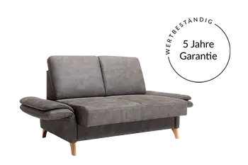 Freisteller eines grauen Sofas mit Vermerk auf 5 Jahre Garantie.