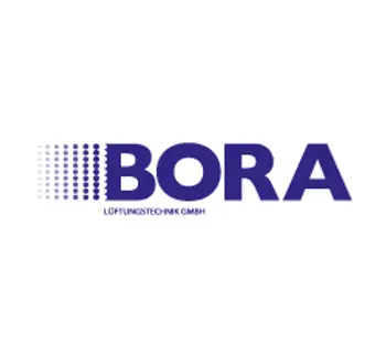 Blaues Bora Logo mit stilisierten Punkten auf weißem Hintergrund, Markenzeichen für innovative Dunstabzugssysteme