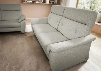 Hellgraue Zweisitzercouch in einem hellen Raum.