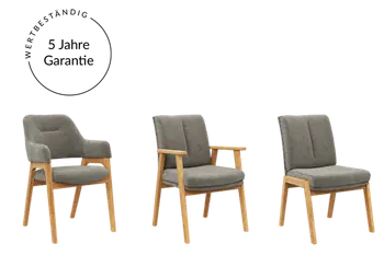 Drei Graue Stühle als Freisteller mit einem Vermerk zur 5 Jahre Garantie. 