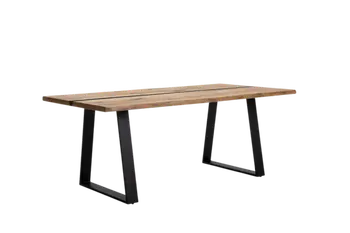 Massivholz Esstisch mit schwarzen Kufen.