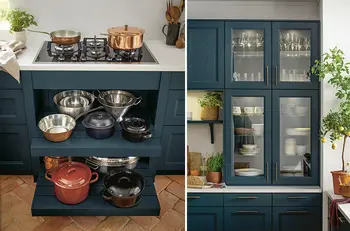 Landhausküche mit Seidenglanzlackfront in der Farbe Petrol mit goldenen Griffen.