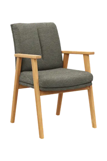Freisteller von Armlehnstuhl mit Gestell aus Wildeiche und graugrünem Stoffbezug.