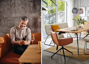 Sitzbänke fürs Esszimmer gibt es aus Holz oder mit Bezügen aus Stoff oder Leder.