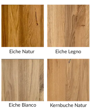 Grafik mit verschiedenen Holzmustern für Wohnwand - von Eiche bis Kernbuche.