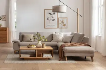 Graues Ecksofa mit einem Couchtisch aus Holz in einem gemütlichen Wohnzimmer.