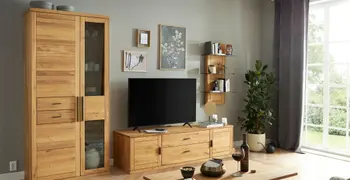 Ein Wohnzimmer mit einer modernen Holzwohnwand