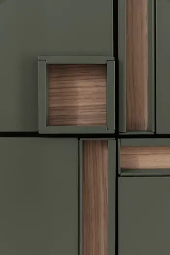 Front eines grünen Highboards mit Holz Elementen an den Türen.