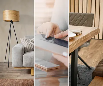 Hausfassade, Designerlampe, Tischplattenmuster und Tischkante.