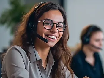 Junge Frau trägt ein Headset in einer Büroumgebung und lächelt in die Kamera.