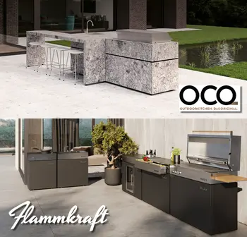 Zwei Outdoorkuechen der Marken OCQ und Flammkraft