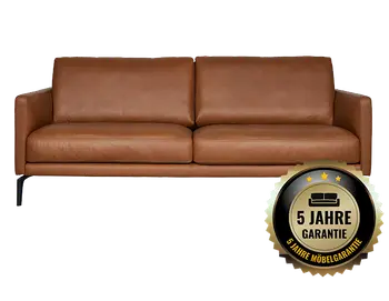 Ledersofa in der Farbe Cognac mit Hinweis auf 5 Jahre Garantie