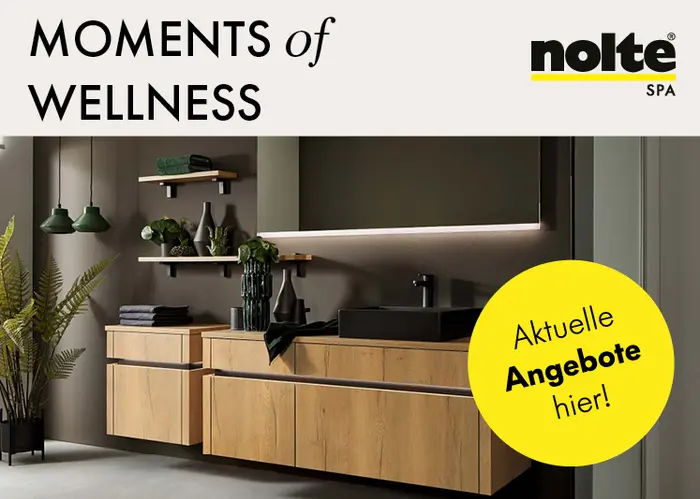 Nolte Spa Badezimmermöbel – modernes Design in Holzoptik mit schwarzen Akzenten. Hochwertige Verarbeitung und durchdachte Stauraumlösungen für Ihr persönliches Wellness-Badezimmer.